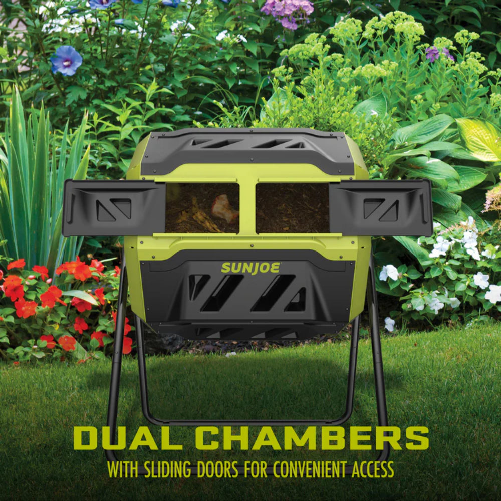 Sun Joe SJ-CMPS1 All-Season Outdoor Tumbling Composter | Dual Sliding Chamber | 42-Gallon | 2-10 Weeks | BPA-Free Material