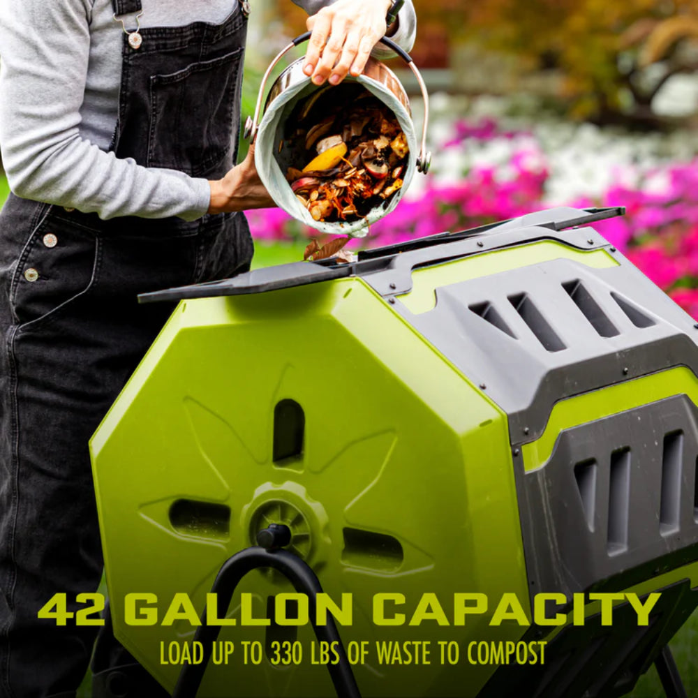 Sun Joe SJ-CMPS1 All-Season Outdoor Tumbling Composter | Dual Sliding Chamber | 42-Gallon | 2-10 Weeks | BPA-Free Material